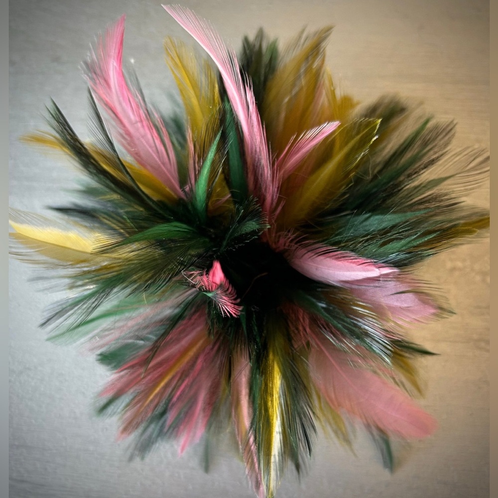 Olive and dark green shades, rose pink.  Feather Fascinator Hair Clip. Handmade